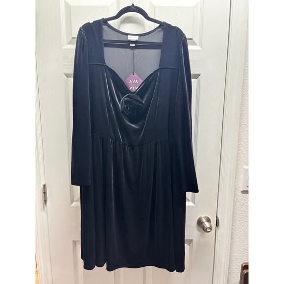 NWT Ava & Viv Women's Size 3X Black Long Sleeve Rosette Mini A-Line Velvet Dress - Picture 1 of 7